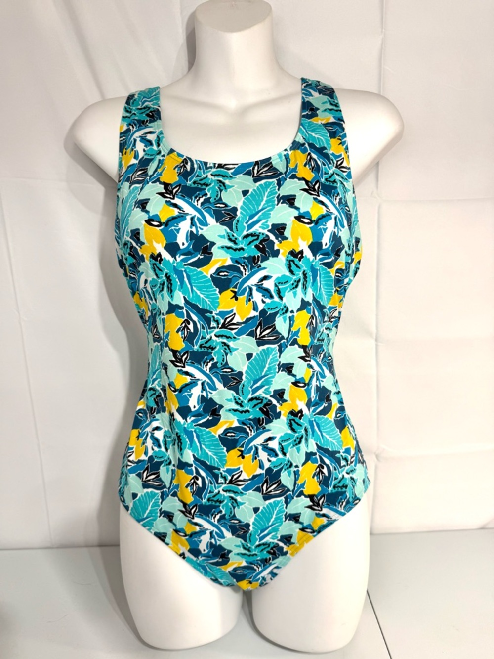 LL Bean One Piece Swimsuit Floral Blue UPF 50 Tank Style Womens Size 10